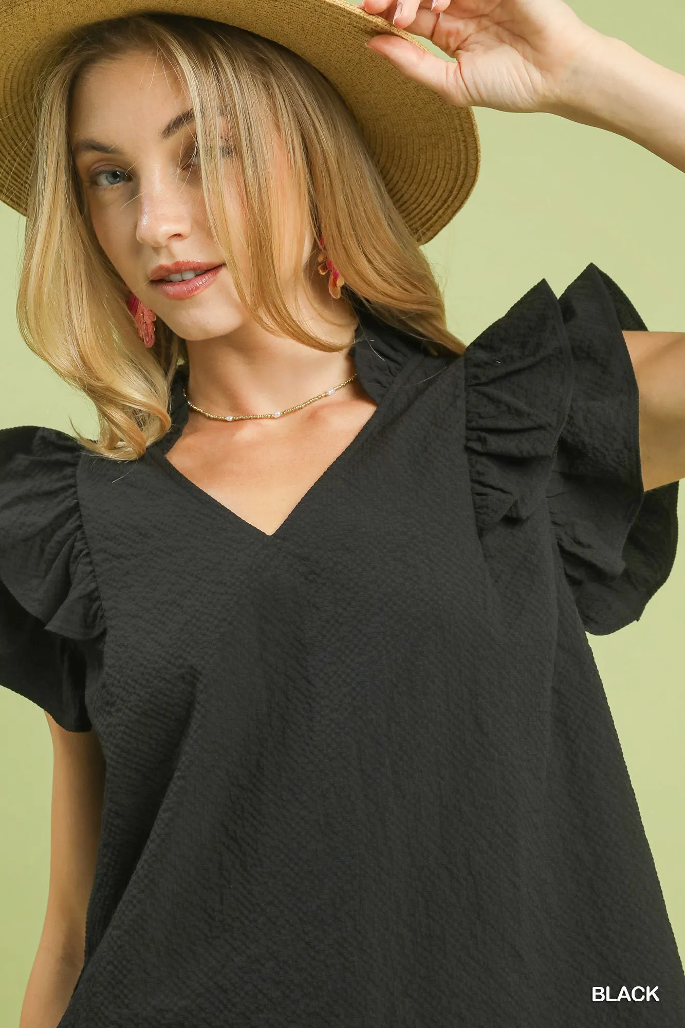 Umgee Textured Ruffle Sleeve V-Neck Blouse sold by Charming Charlie product image thumbnail 4