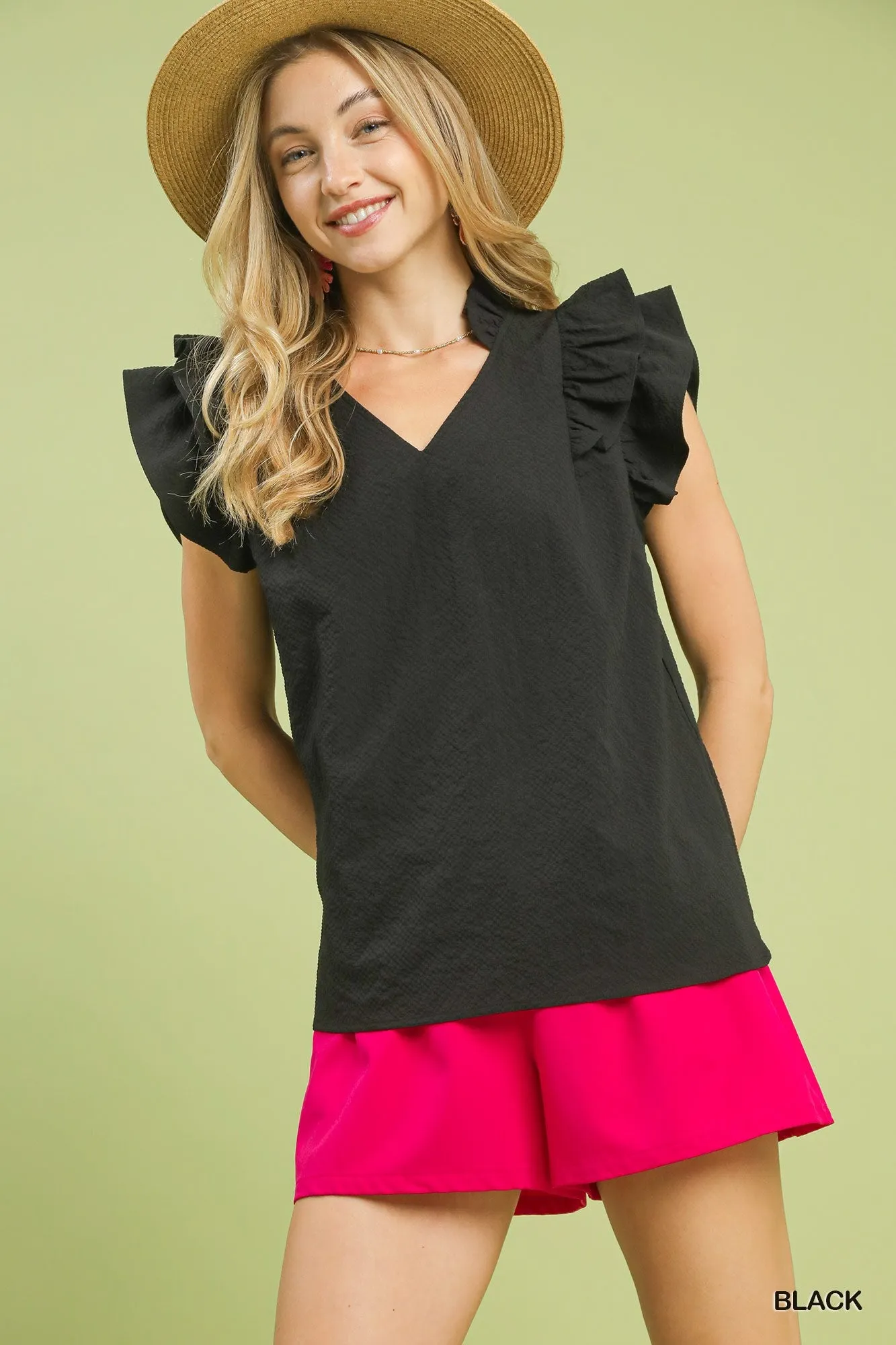 Umgee Textured Ruffle Sleeve V-Neck Blouse sold by Charming Charlie