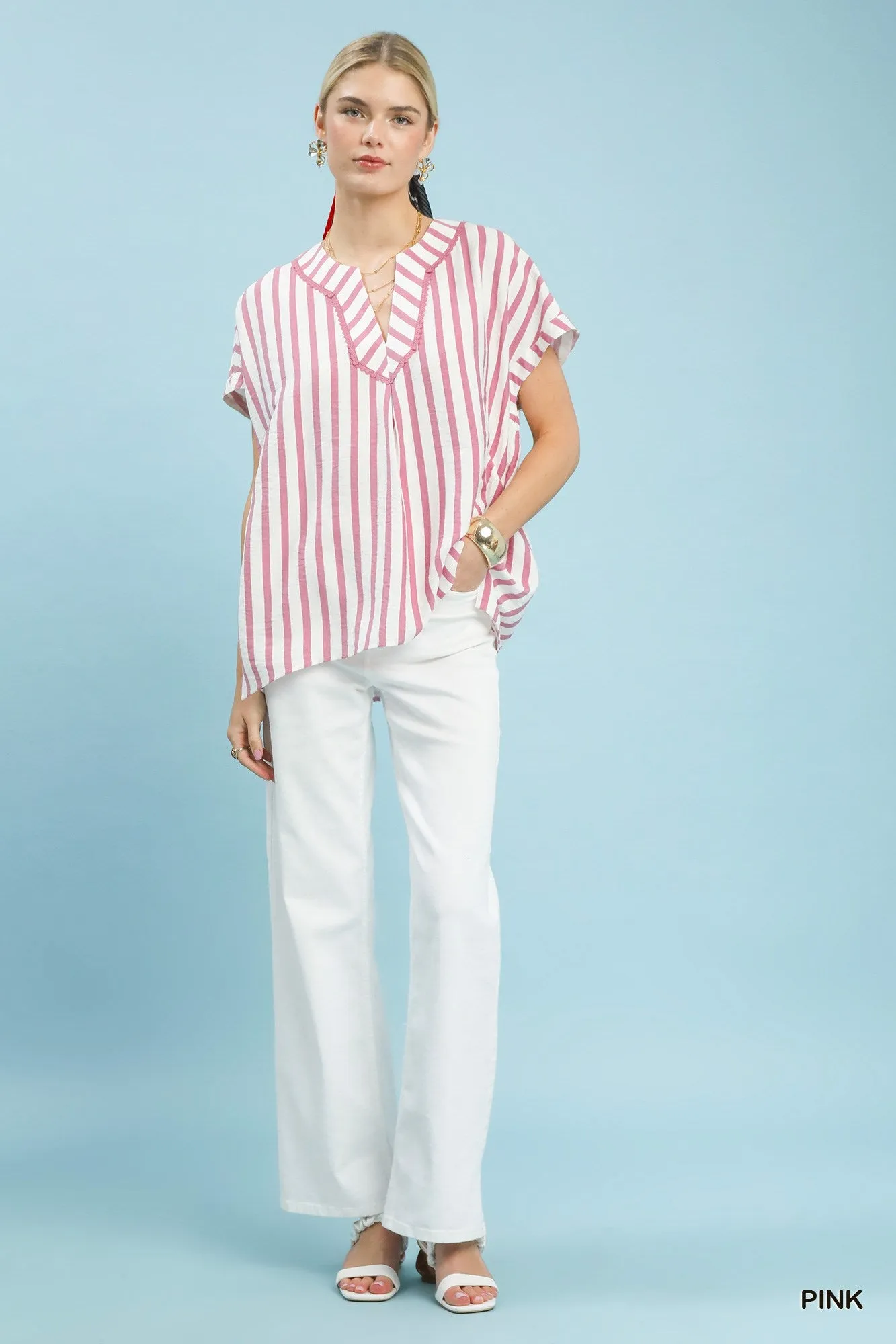 Umgee Mixed Stripe Split Neck Oversized Blouse sold by Charming Charlie product image thumbnail 4