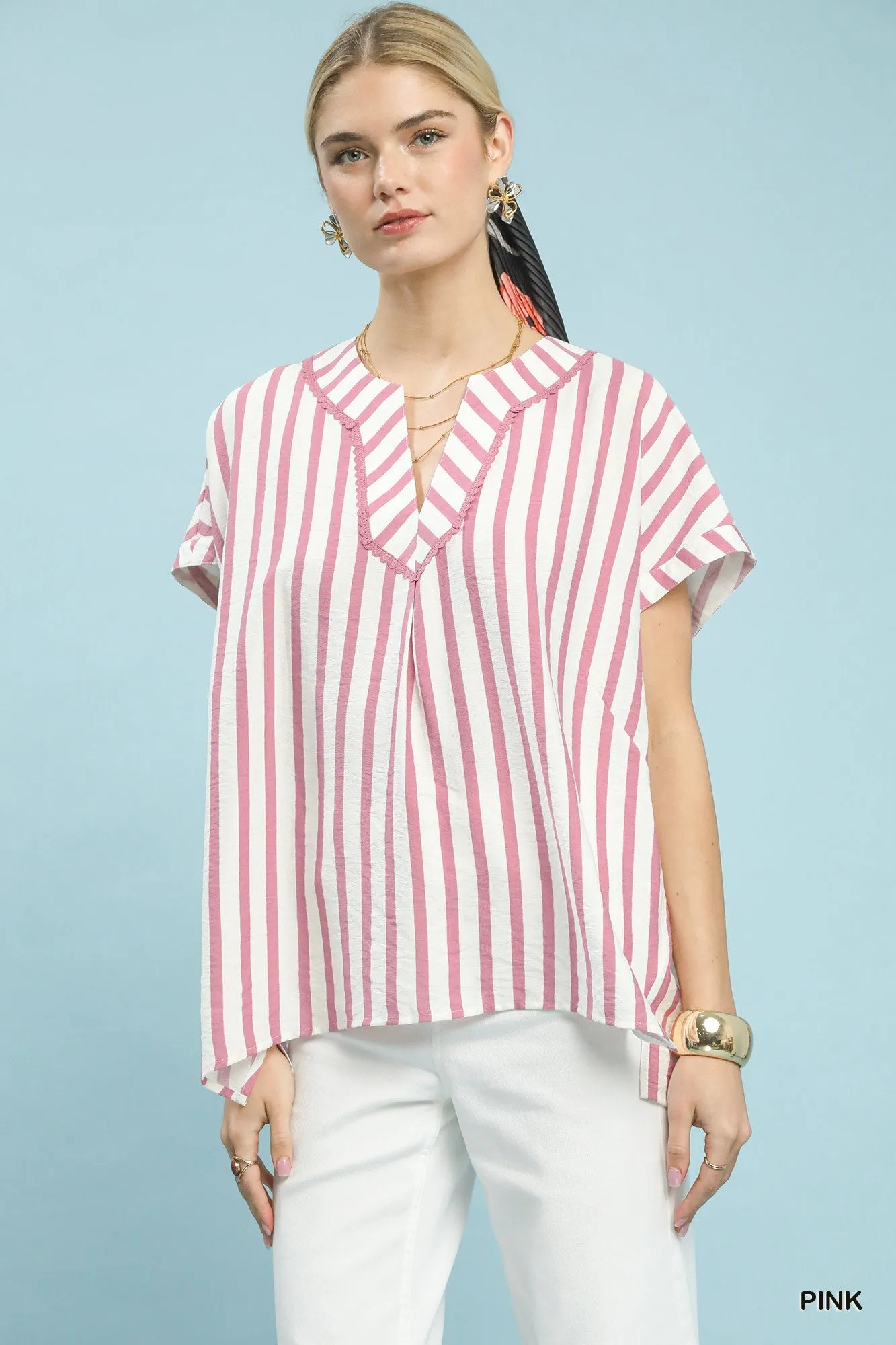 Umgee Mixed Stripe Split Neck Oversized Blouse sold by Charming Charlie