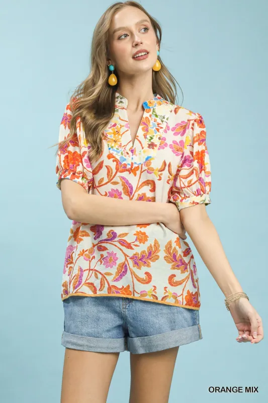 Umgee Mix Floral Split-Neck Short Sleeve Top made by Trendsi