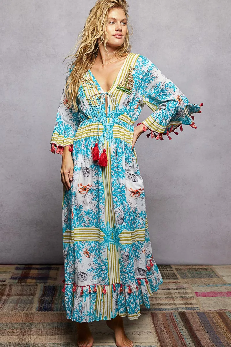 POL Bohemian Print Tassel Trim Maxi Dress sold by Charming Charlie