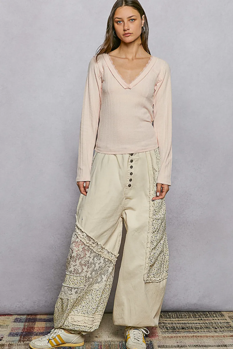 POL V-Neck Long Sleeve Ribbed Top with Lace-Accent Neckband sold by Charming Charlie product image thumbnail 5