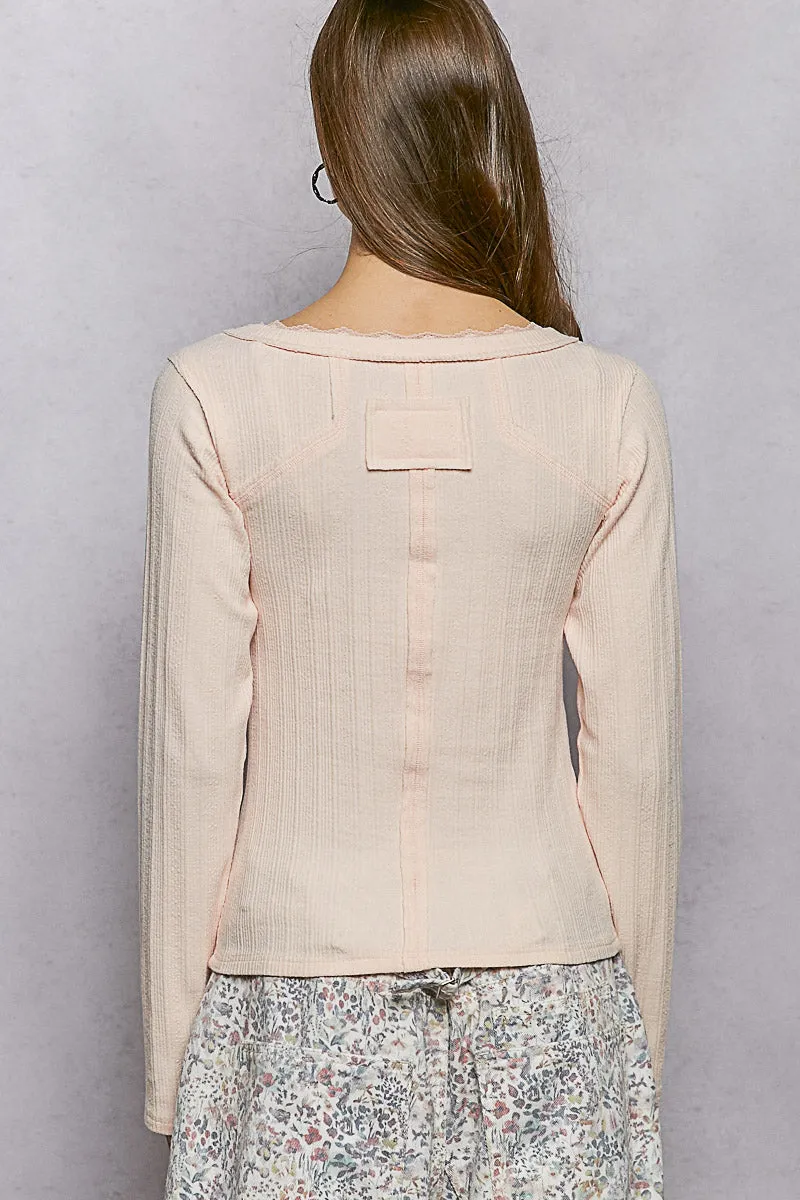 POL V-Neck Long Sleeve Ribbed Top with Lace-Accent Neckband sold by Charming Charlie product image thumbnail 4