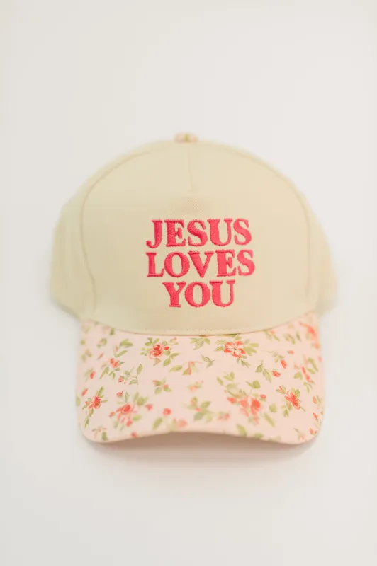 Jesus Loves You Canvas Floral Hat sold by Charming Charlie