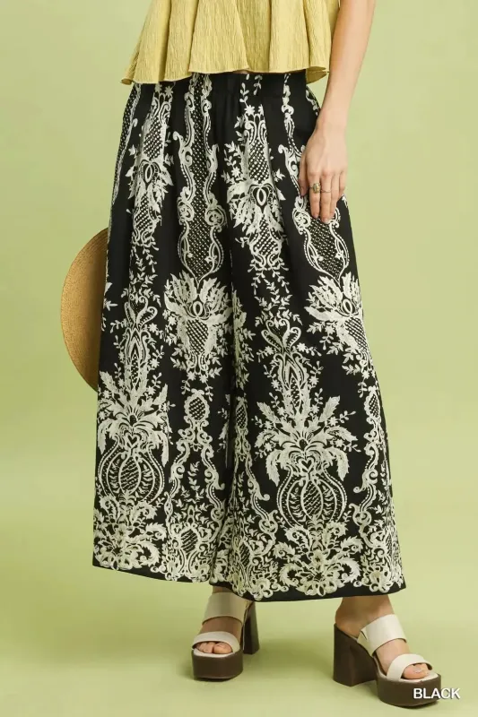 Umgee Border Print Wide Leg Pants made by Trendsi