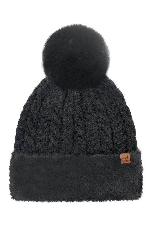 C.C Cable Knit Fur Cuff Pom Beanie made by Charming Charlie