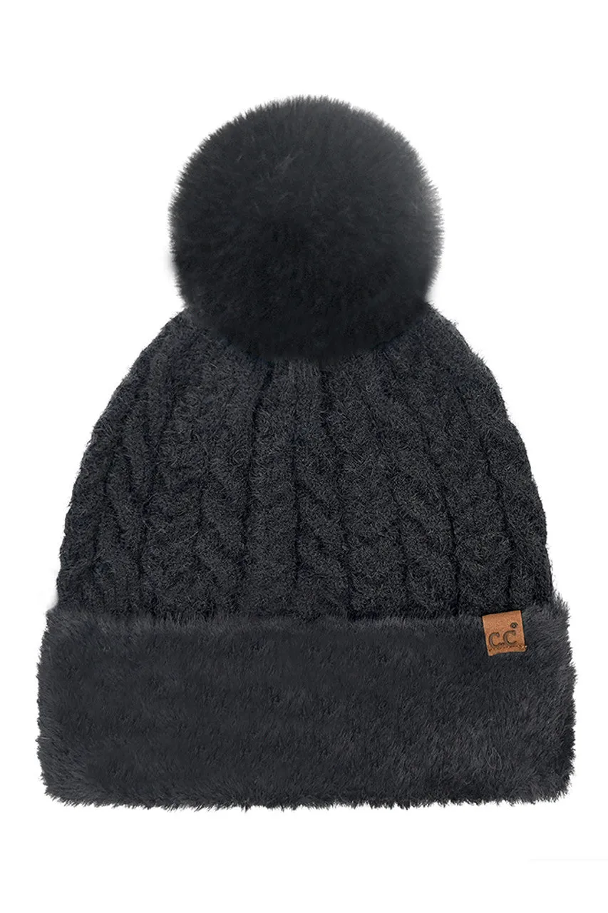 C.C Cable Knit Fur Cuff Pom Beanie sold by Charming Charlie