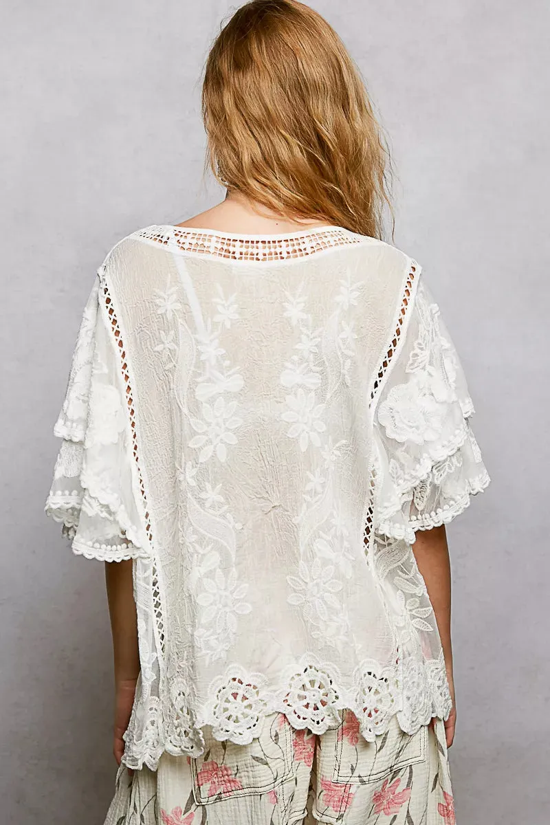 POL Floral Crochet V-Neck Short Sleeve Blouse with Scalloped Hem sold by Charming Charlie product image thumbnail 4