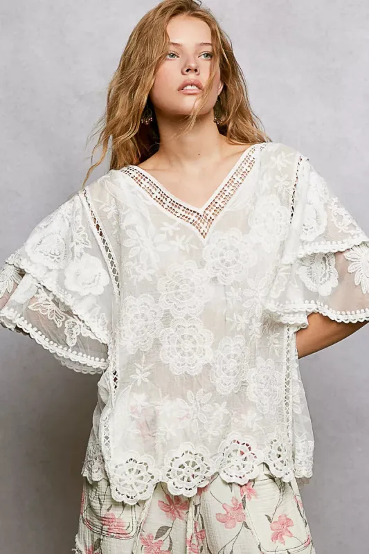 POL Floral Crochet V-Neck Short Sleeve Blouse with Scalloped Hem made by Trendsi