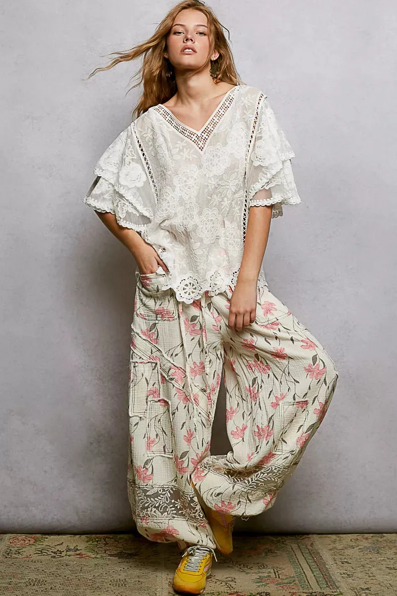 POL Floral Crochet V-Neck Short Sleeve Blouse with Scalloped Hem sold by Charming Charlie product image thumbnail 5