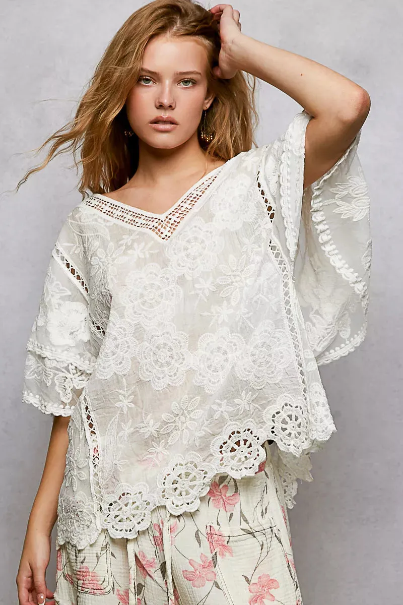 POL Floral Crochet V-Neck Short Sleeve Blouse with Scalloped Hem sold by Charming Charlie product image thumbnail 2