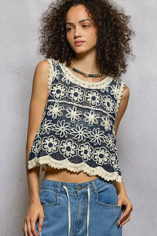 POL Floral Round Neck Cropped Crochet Sleeveless Top with Scalloped Edge sold by Charming Charlie