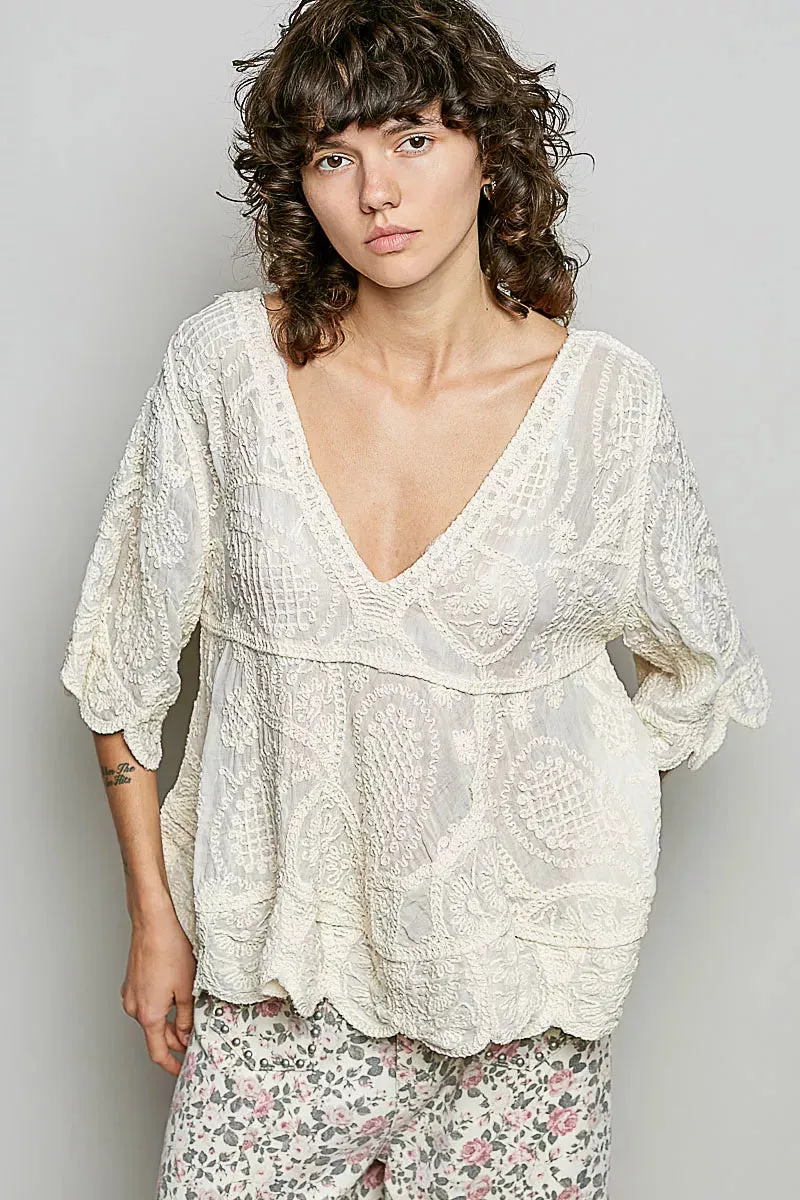 POL V-Neck Crochet Blouse with Scalloped Hem sold by Charming Charlie