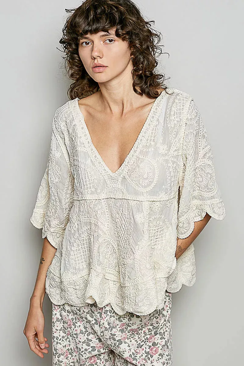 POL V-Neck Crochet Blouse with Scalloped Hem sold by Charming Charlie product image thumbnail 2