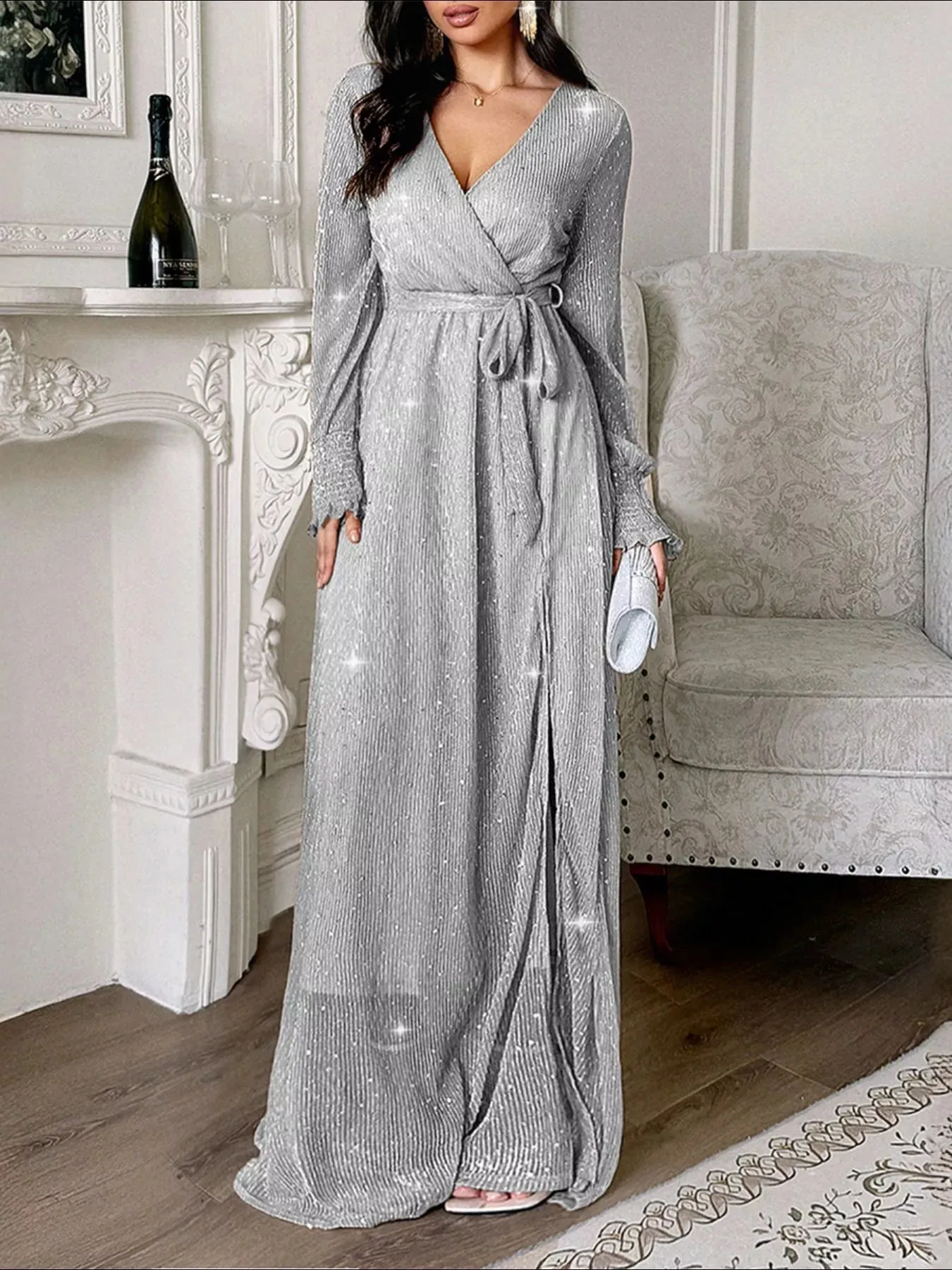 Glittering Surplice Long Sleeve Slit Maxi Dress sold by Charming Charlie product image thumbnail 4