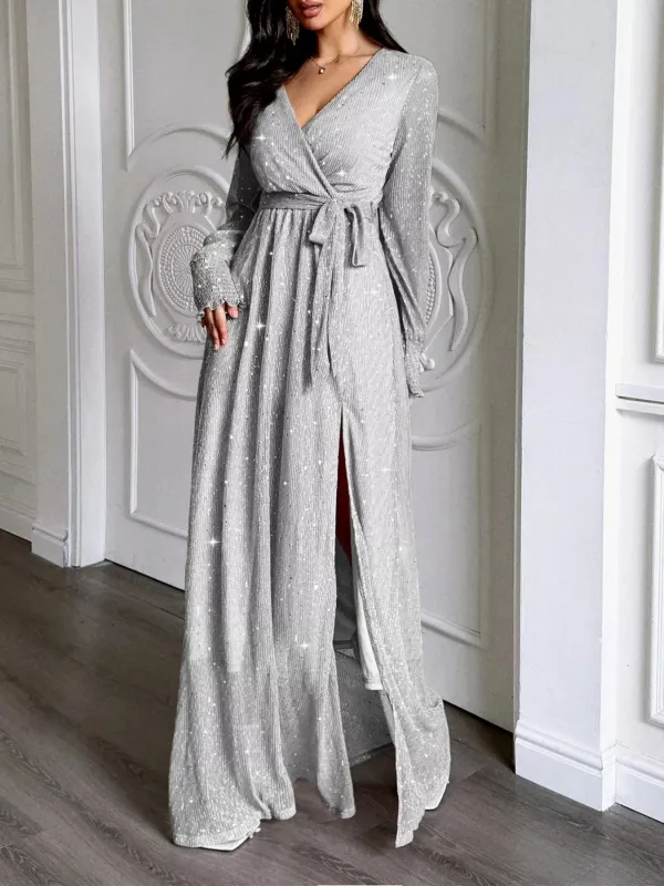 Glittering Surplice Long Sleeve Slit Maxi Dress made by Trendsi