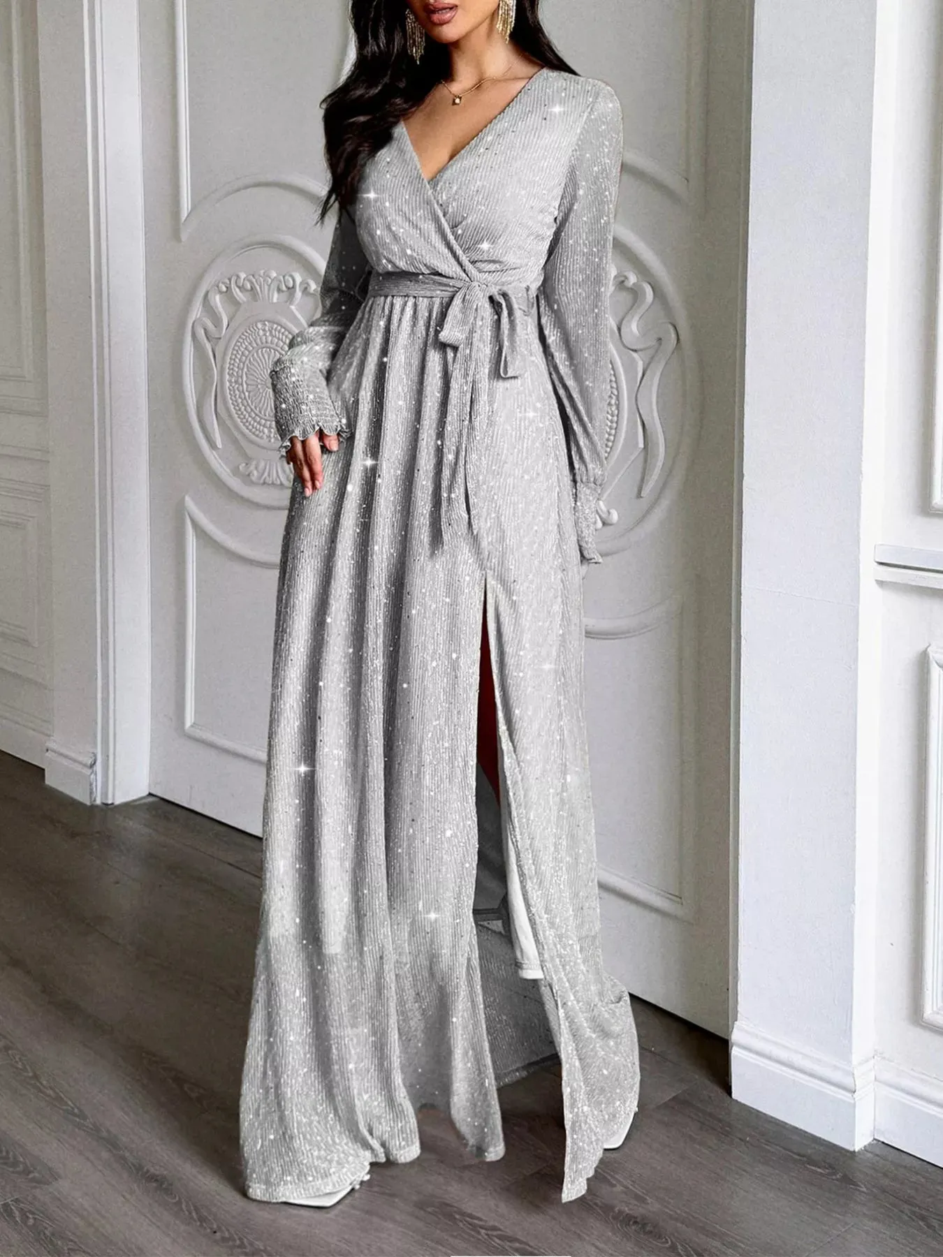 Glittering Surplice Long Sleeve Slit Maxi Dress sold by Charming Charlie