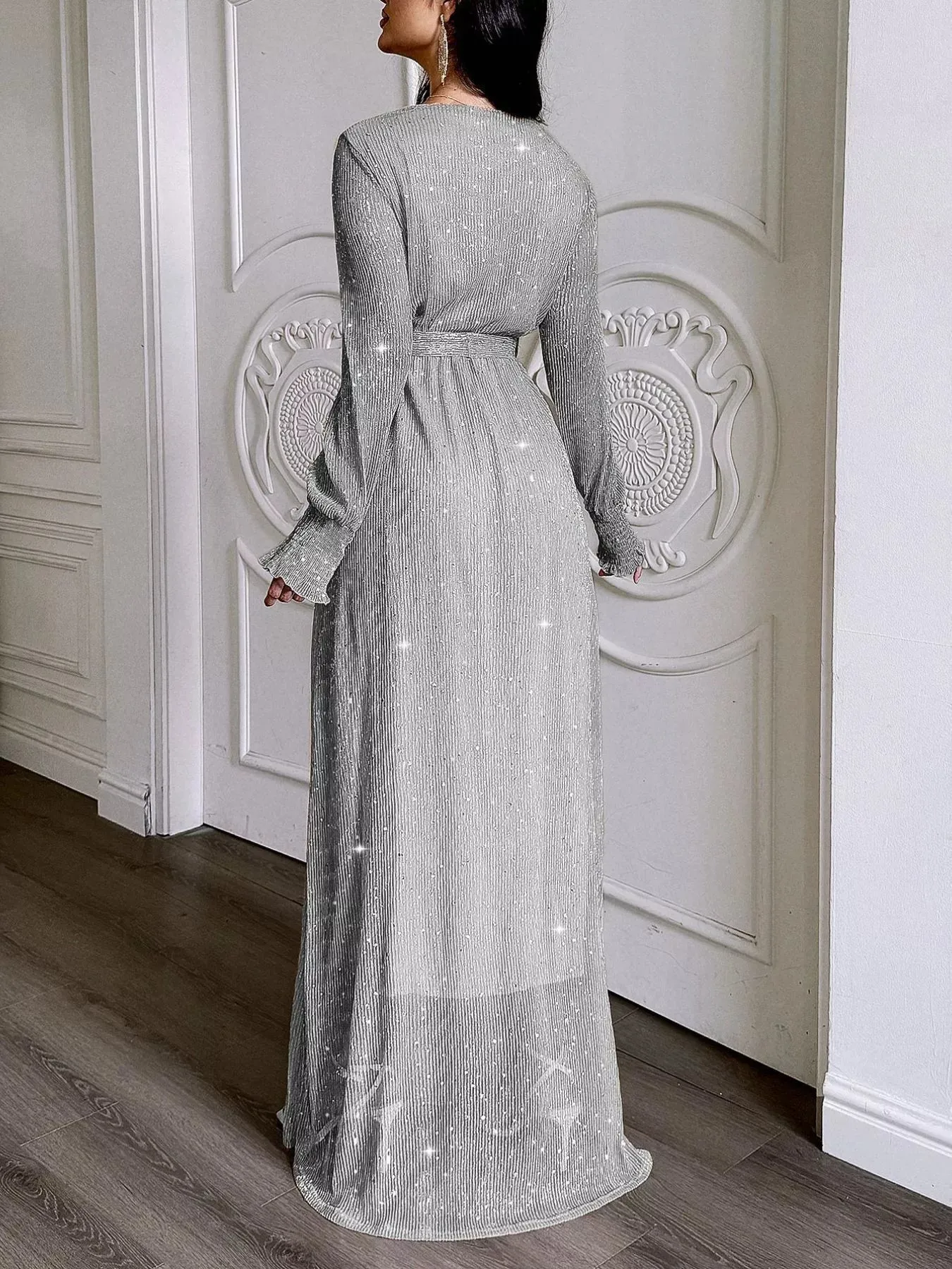 Glittering Surplice Long Sleeve Slit Maxi Dress sold by Charming Charlie product image thumbnail 5