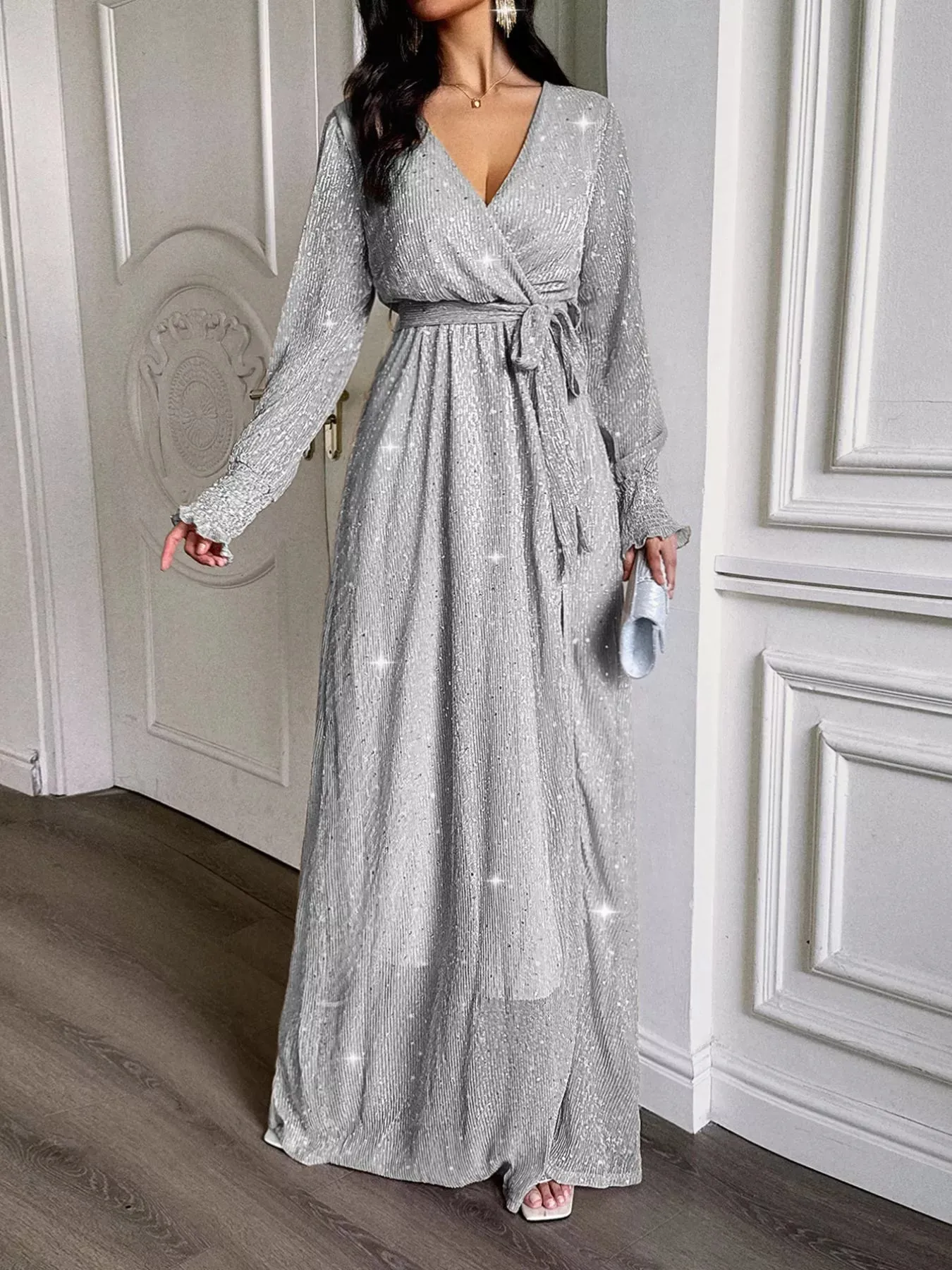 Glittering Surplice Long Sleeve Slit Maxi Dress sold by Charming Charlie product image thumbnail 2