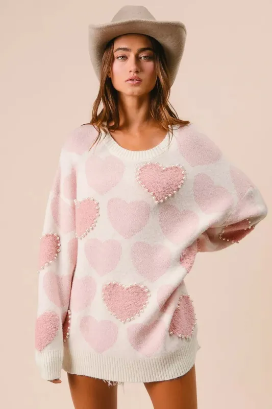 BiBi Heart Pattern Sweater with Pearl Detail made by Trendsi