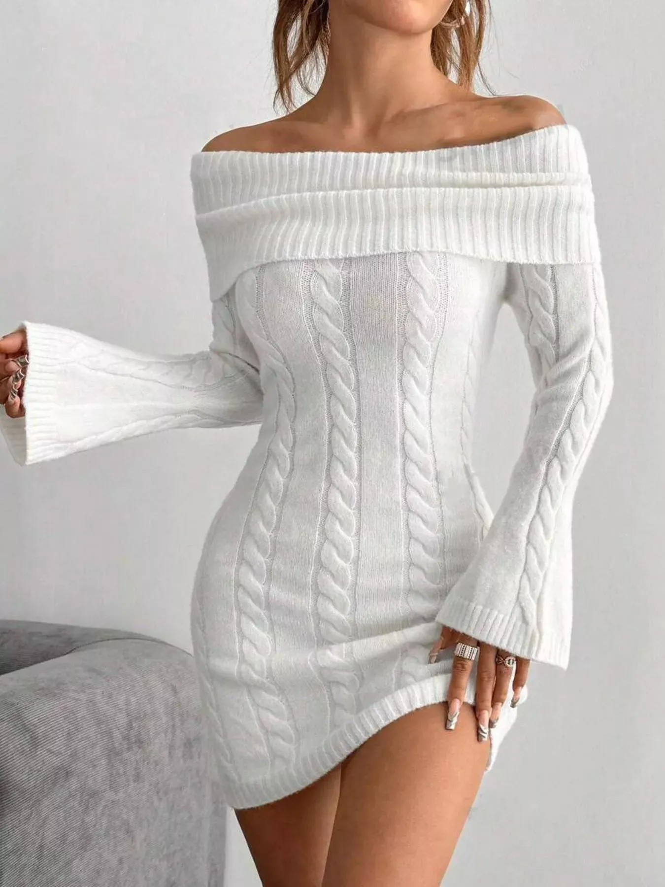 Off-Shoulder Cable Knit Bodycon Sweater Dress sold by Charming Charlie product image thumbnail 3