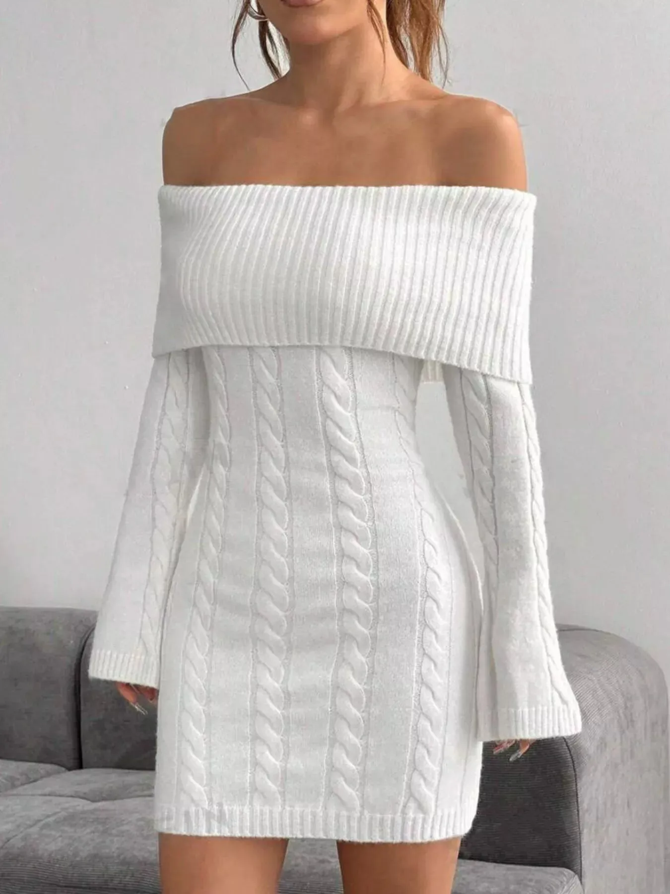 Off-Shoulder Cable Knit Bodycon Sweater Dress sold by Charming Charlie product image thumbnail 4