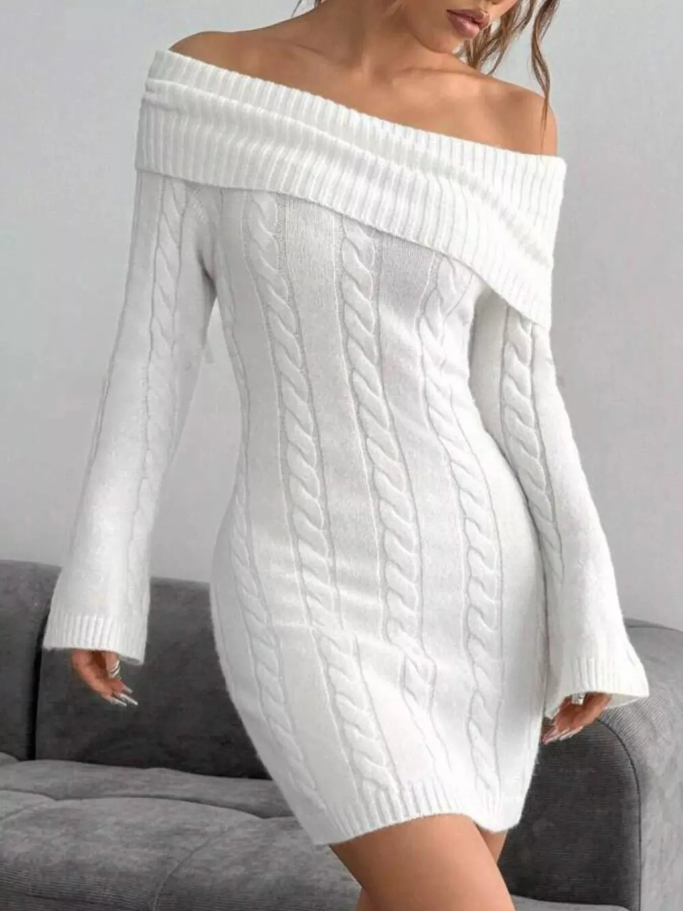 Off-Shoulder Cable Knit Bodycon Sweater Dress sold by Charming Charlie