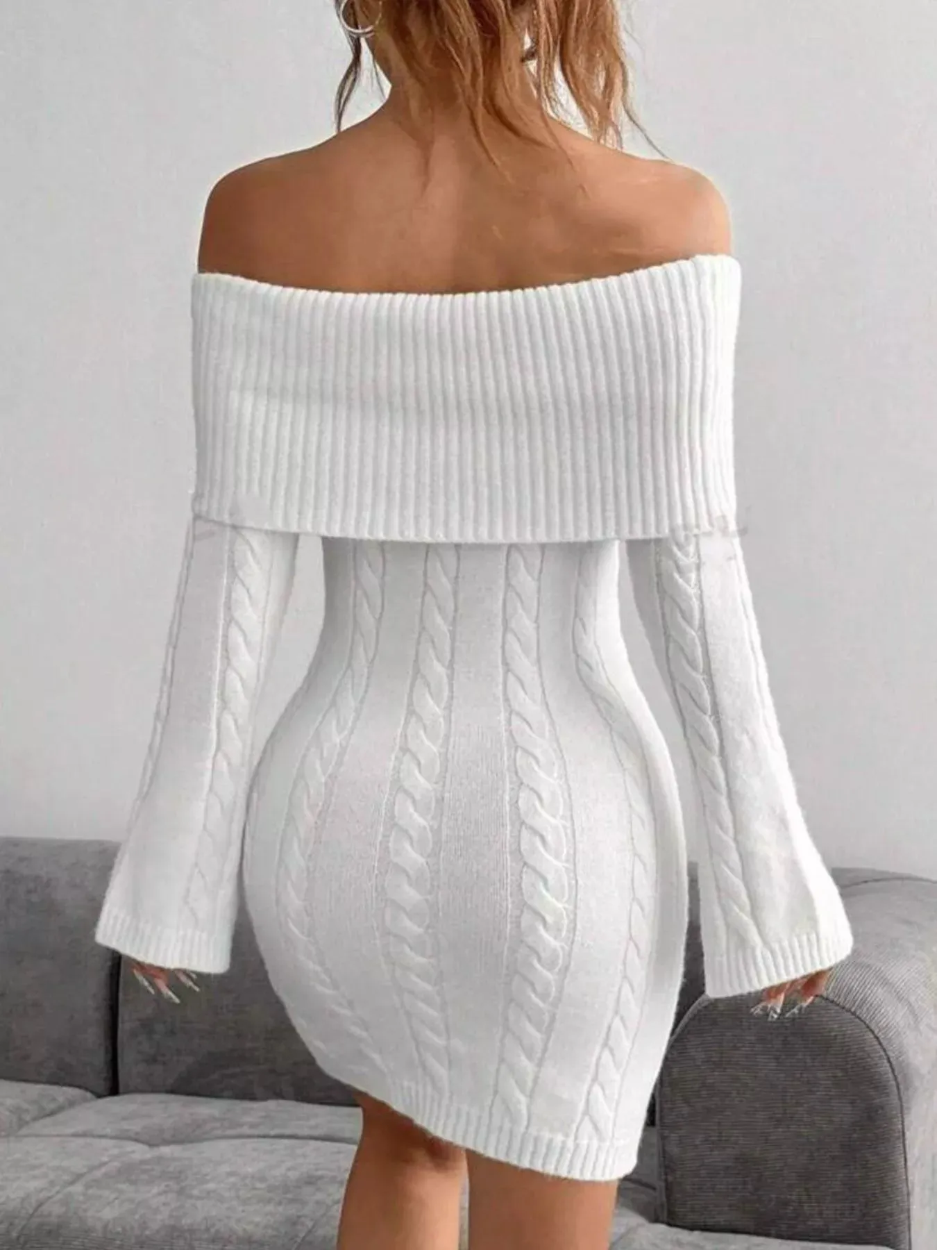 Off-Shoulder Cable Knit Bodycon Sweater Dress sold by Charming Charlie product image thumbnail 5