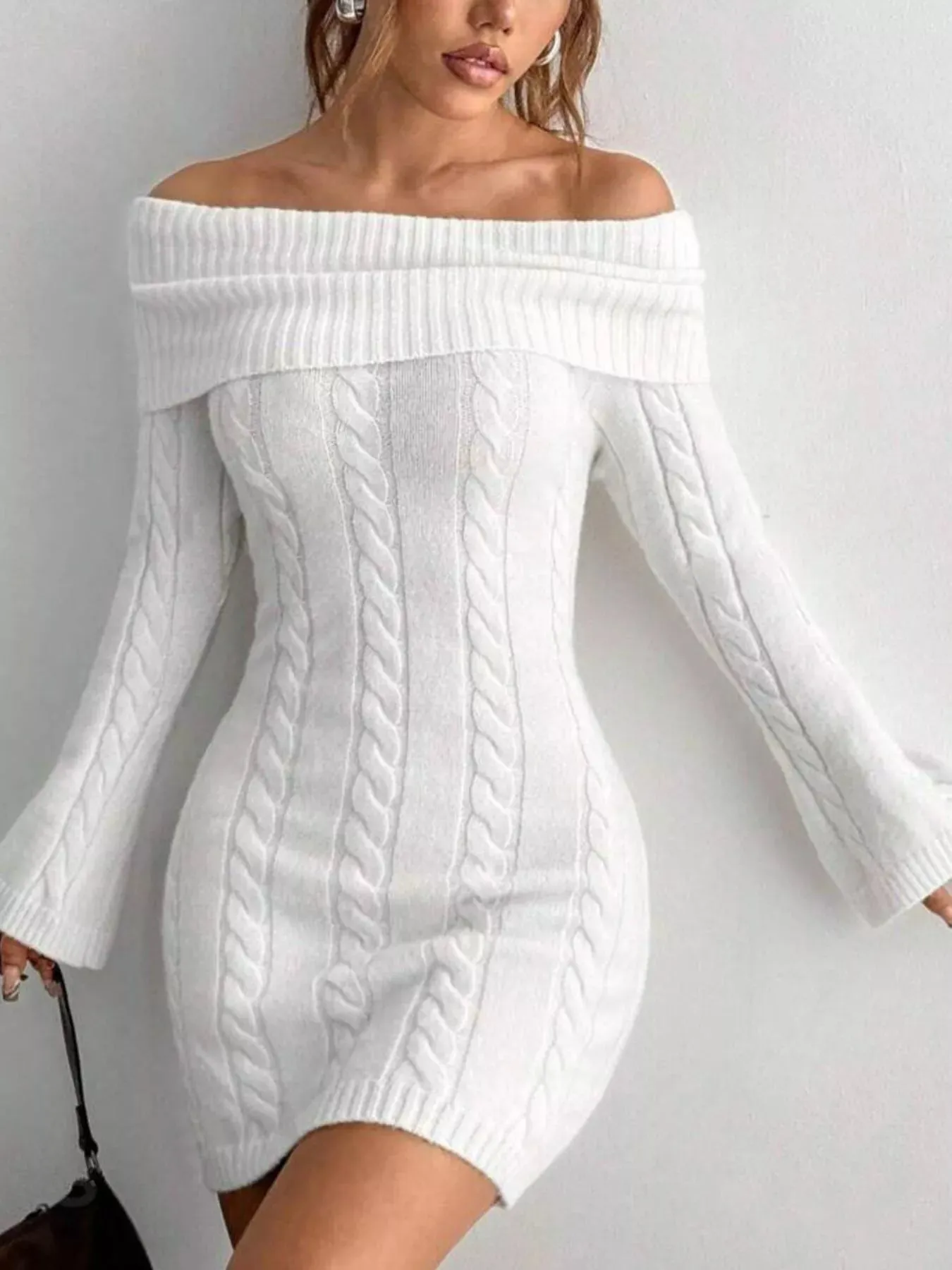 Off-Shoulder Cable Knit Bodycon Sweater Dress sold by Charming Charlie product image thumbnail 2