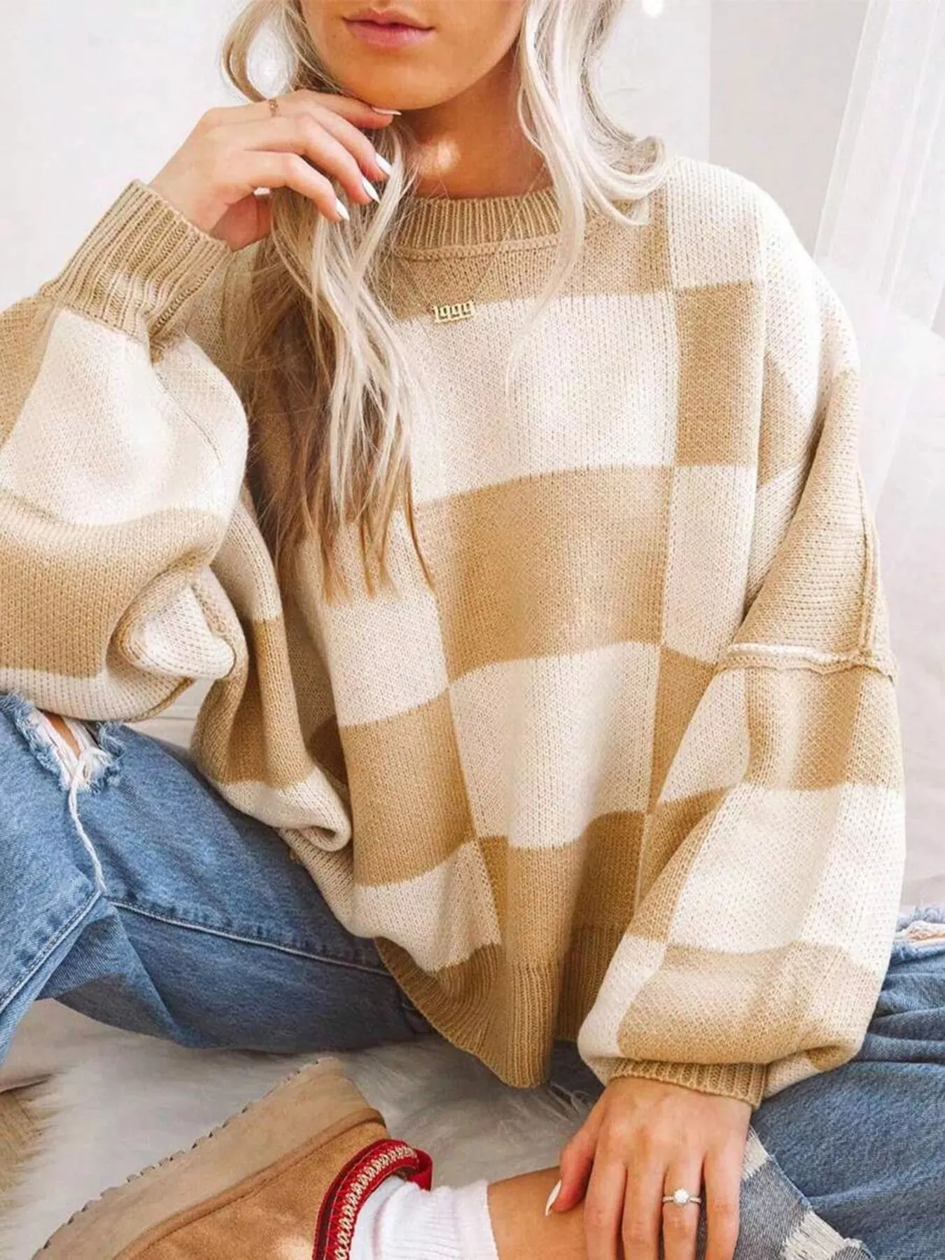 Checkered Pattern Oversized Sweater sold by Charming Charlie