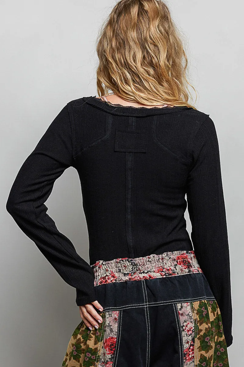 POL V-Neck Long Sleeve Ribbed Top with Lace-Accent Neckband sold by Charming Charlie product image thumbnail 4