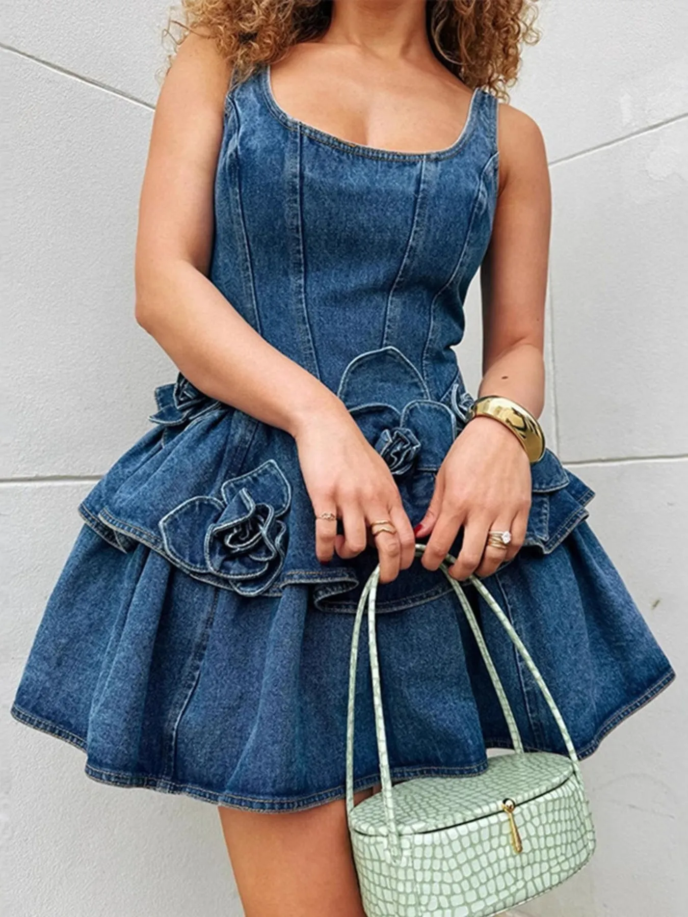 Floral Ruffle Layered Denim Dress sold by Charming Charlie