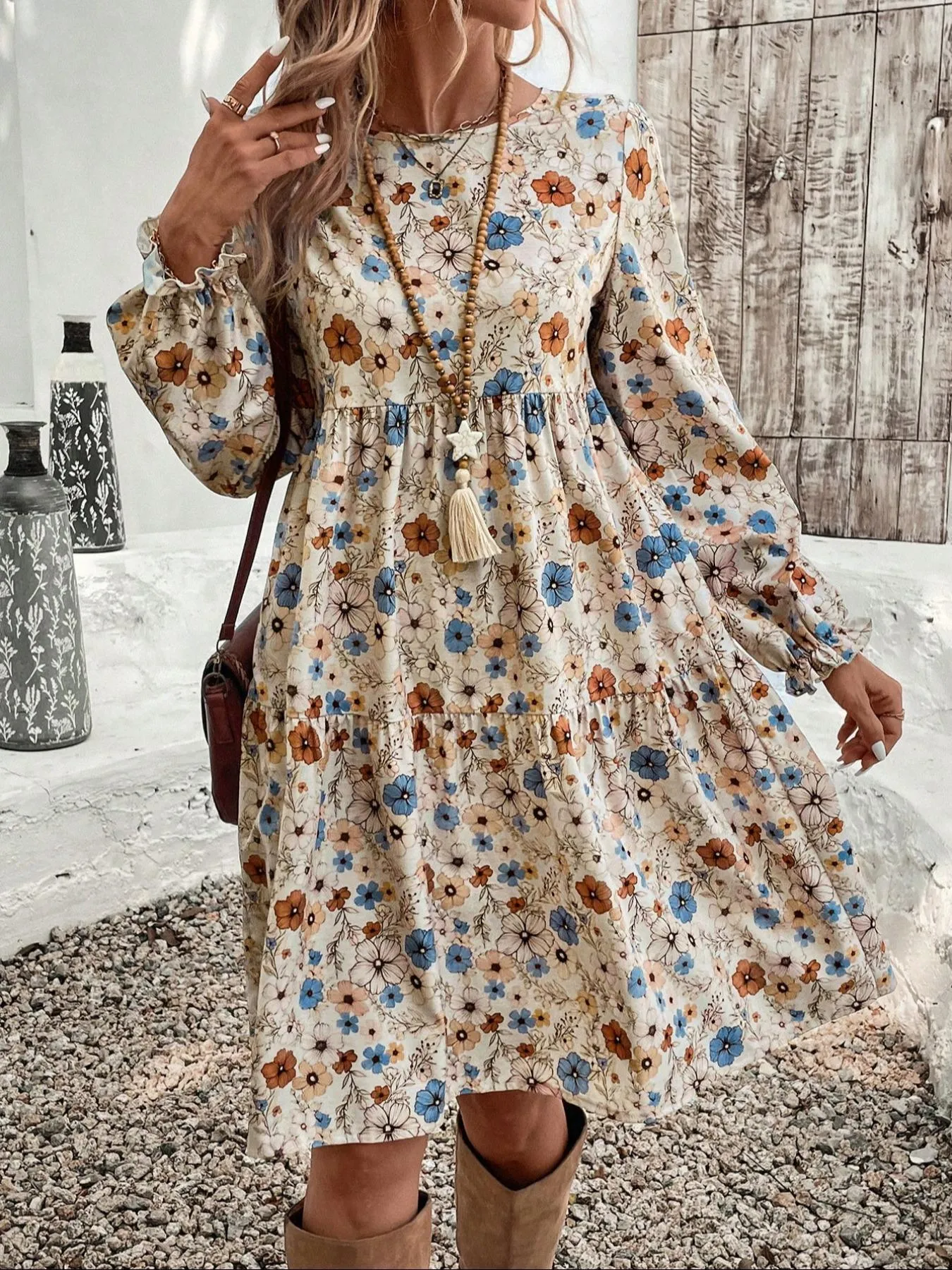 Floral Print Long Sleeve Tiered Dress sold by Charming Charlie product image thumbnail 3