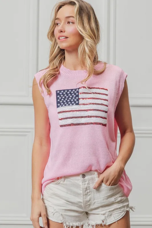 BiBi American Flag Sequins Patch Knit Top made by Trendsi