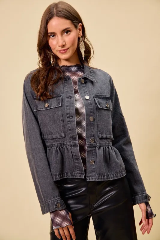 SO ME Denim Peplum Hem Front Button Jacket With Pockets made by Trendsi