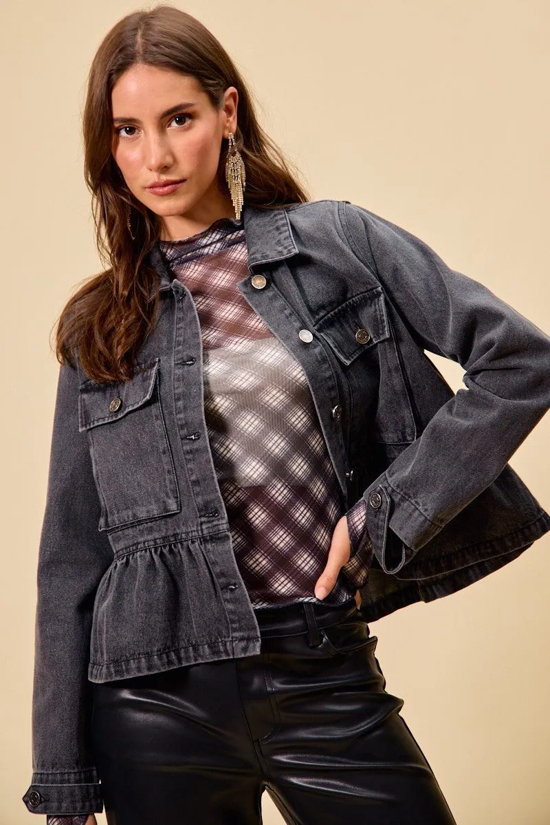 SO ME Denim Peplum Hem Front Button Jacket With Pockets sold by Charming Charlie product image thumbnail 5