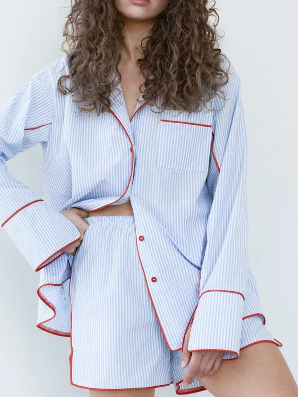 Striped Contrast Trim Top and Shorts Lounge Set made by Trendsi