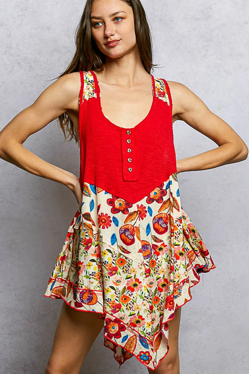 POL Round Neck Ribbed Tank with Woven Print Patch sold by Charming Charlie