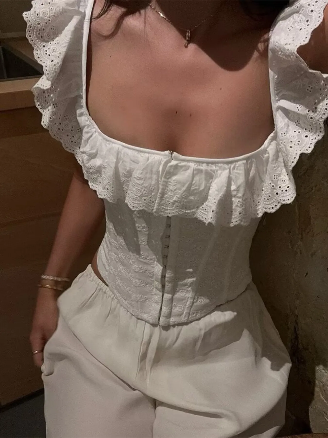 Lace Up Back Eyelet Ruffle Trim Tank sold by Charming Charlie product image thumbnail 2