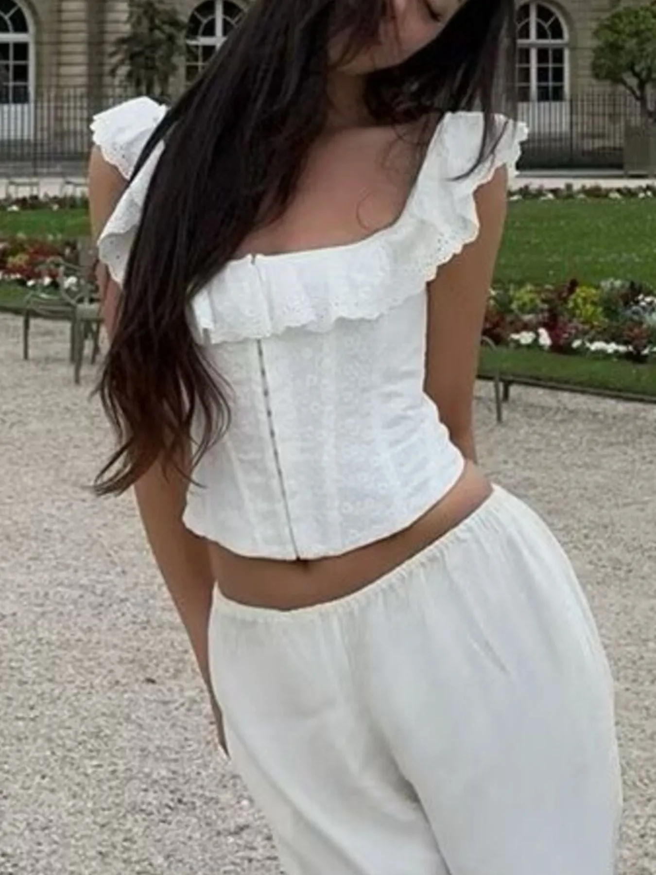 Lace Up Back Eyelet Ruffle Trim Tank sold by Charming Charlie product image thumbnail 3