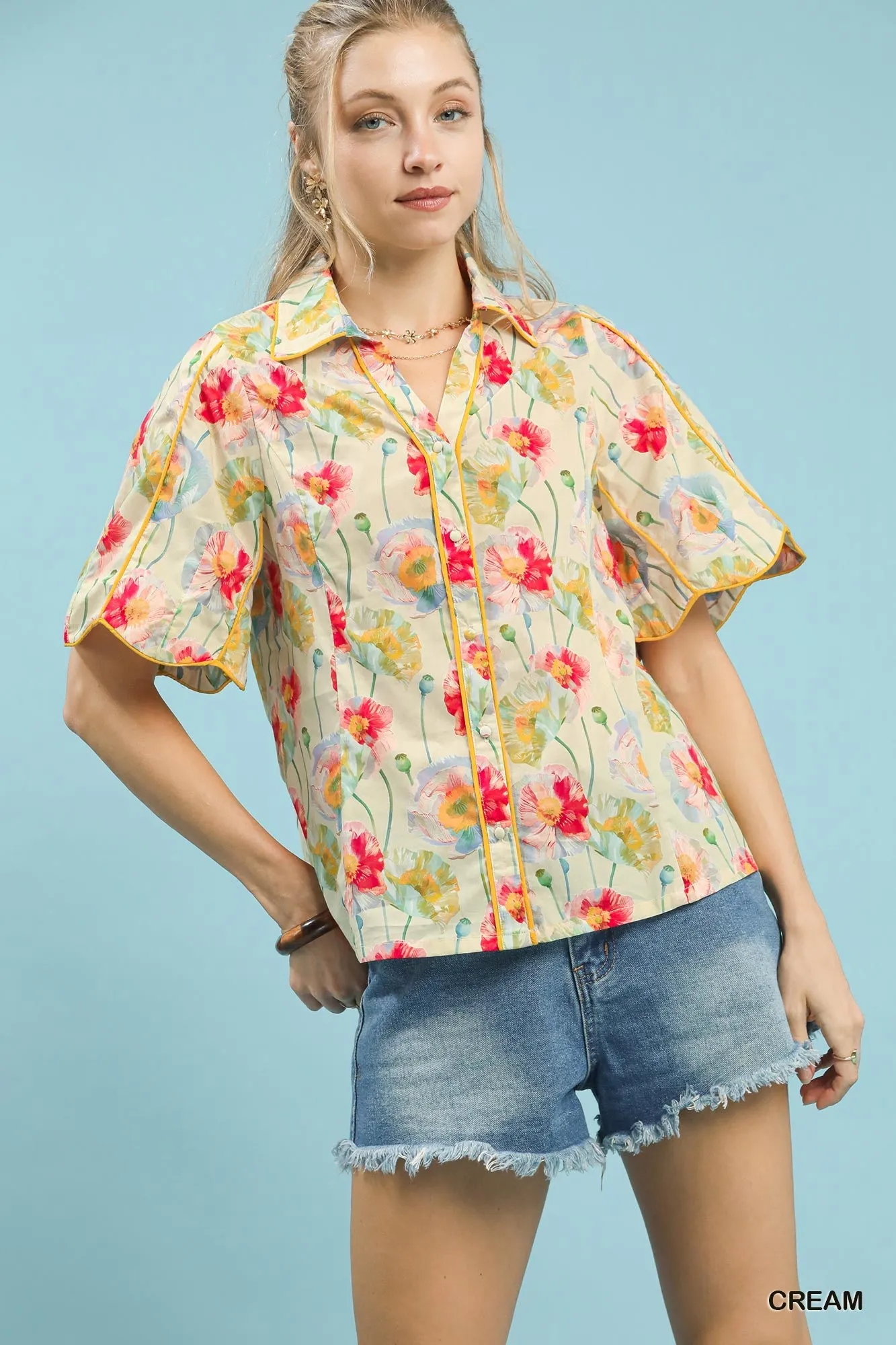 Umgee Floral Print Button-Down Blouse with Flutter Sleeves sold by Charming Charlie