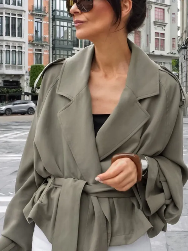 Lapel Collar Tie Waist Trench Jacket made by Trendsi