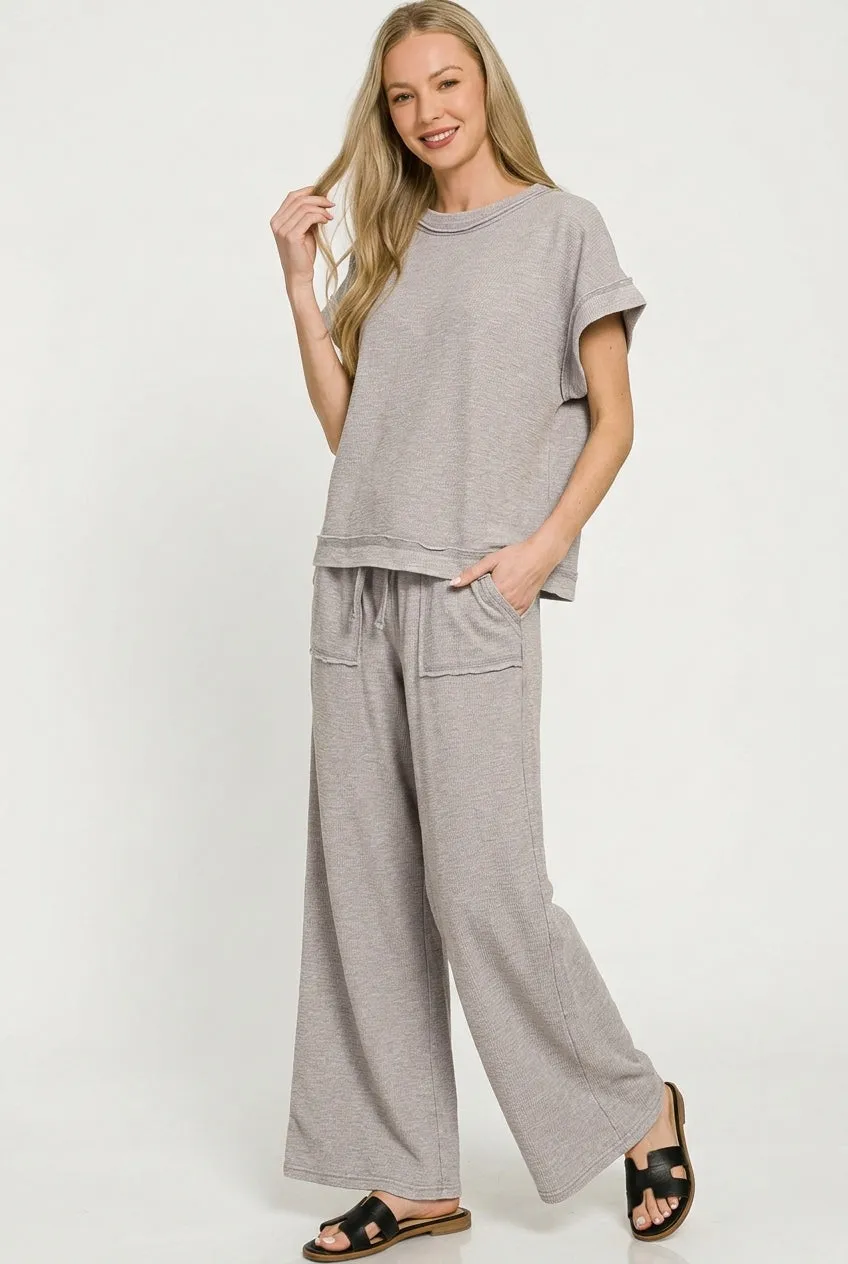 Zenana Washed Slub Short Sleeve Tee & Long Pants Set sold by Charming Charlie product image thumbnail 2