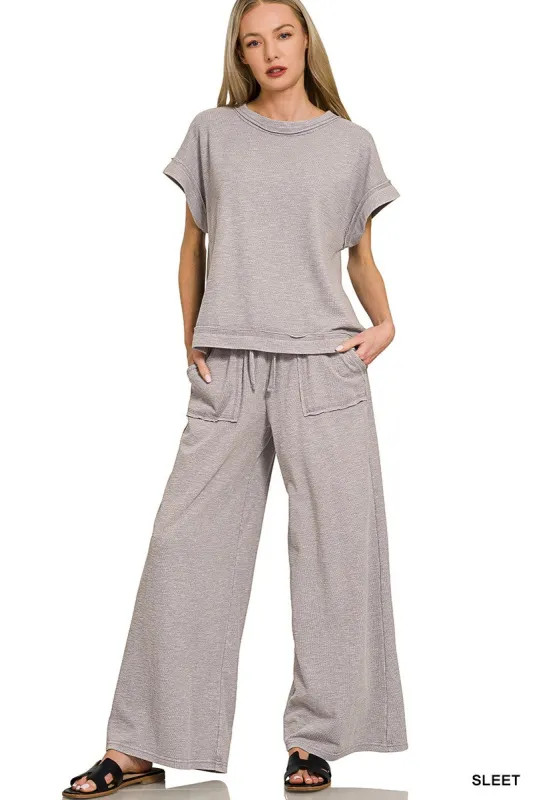 Zenana Washed Slub Short Sleeve Tee & Long Pants Set made by Trendsi