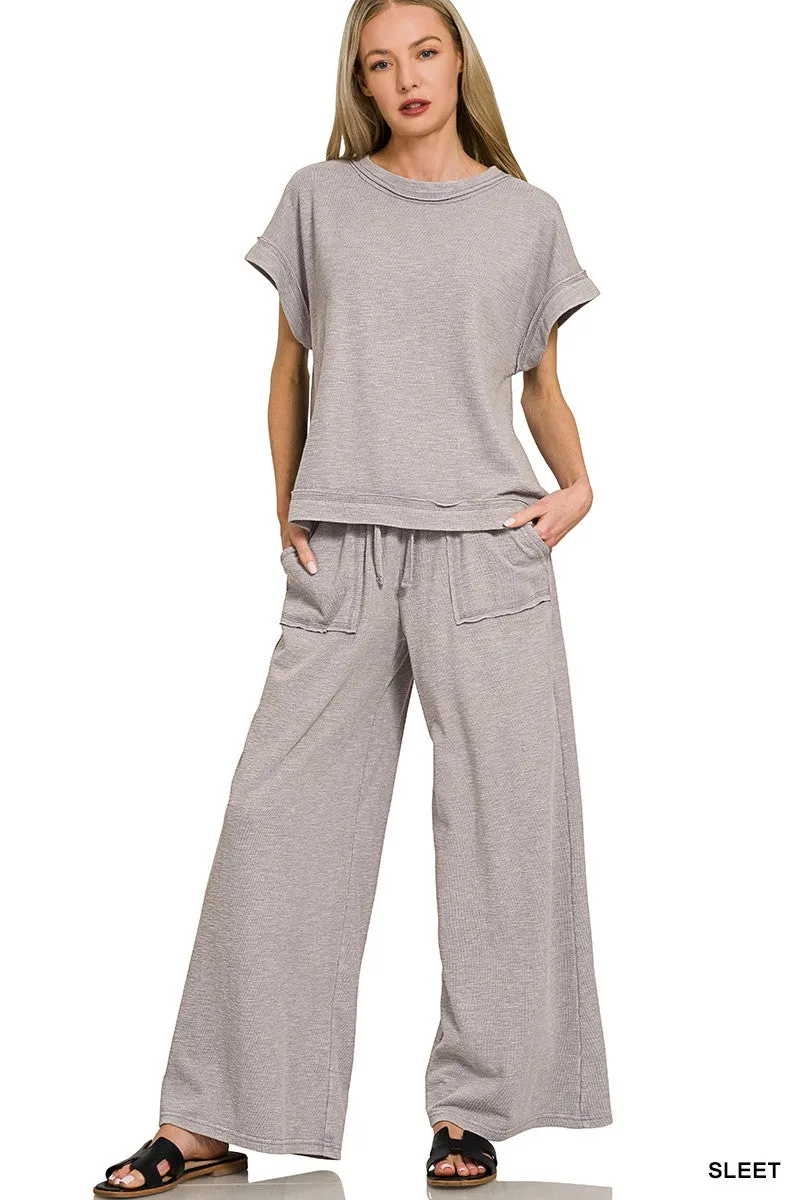 Zenana Washed Slub Short Sleeve Tee & Long Pants Set sold by Charming Charlie