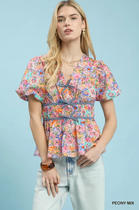 Umgee Mix Floral Smocked Waist Blouse sold by Charming Charlie