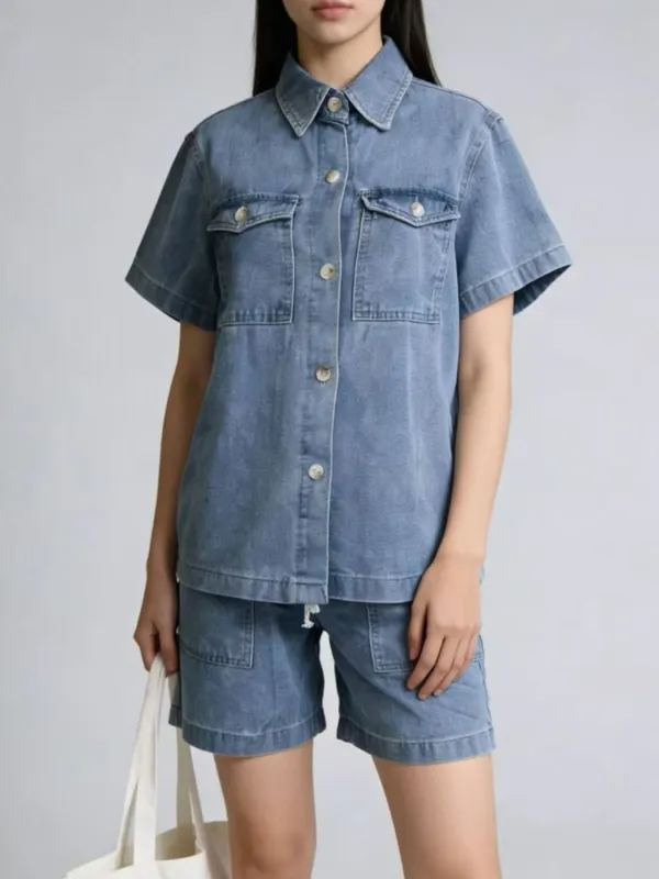 Button Up Short Sleeve Top and Shorts Denim Set sold by Charming Charlie