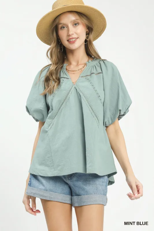 Umgee Lace Inset Puff Sleeve Boho Blouse sold by Charming Charlie