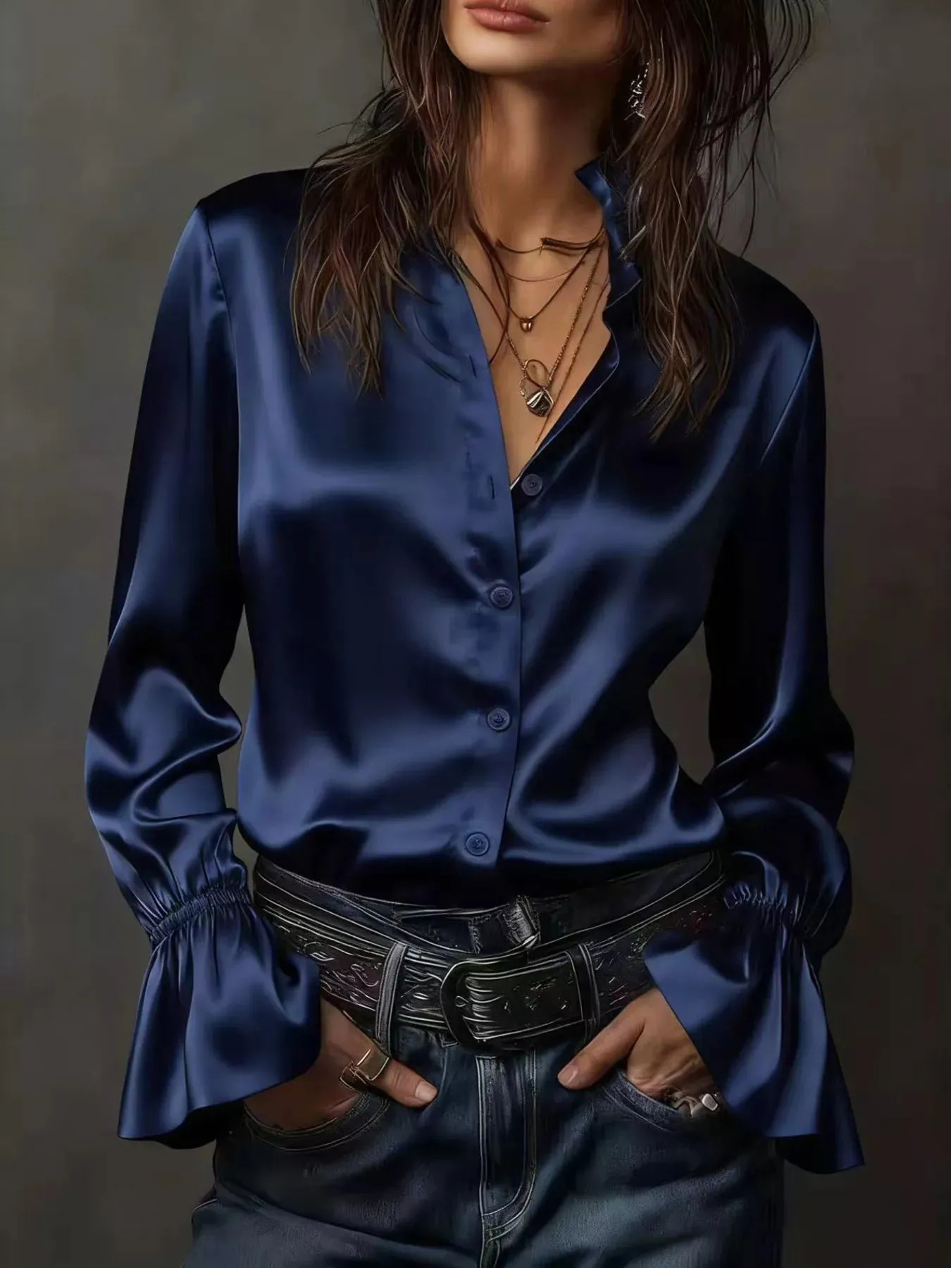 Button Up Flounce Sleeve Shirt sold by Charming Charlie